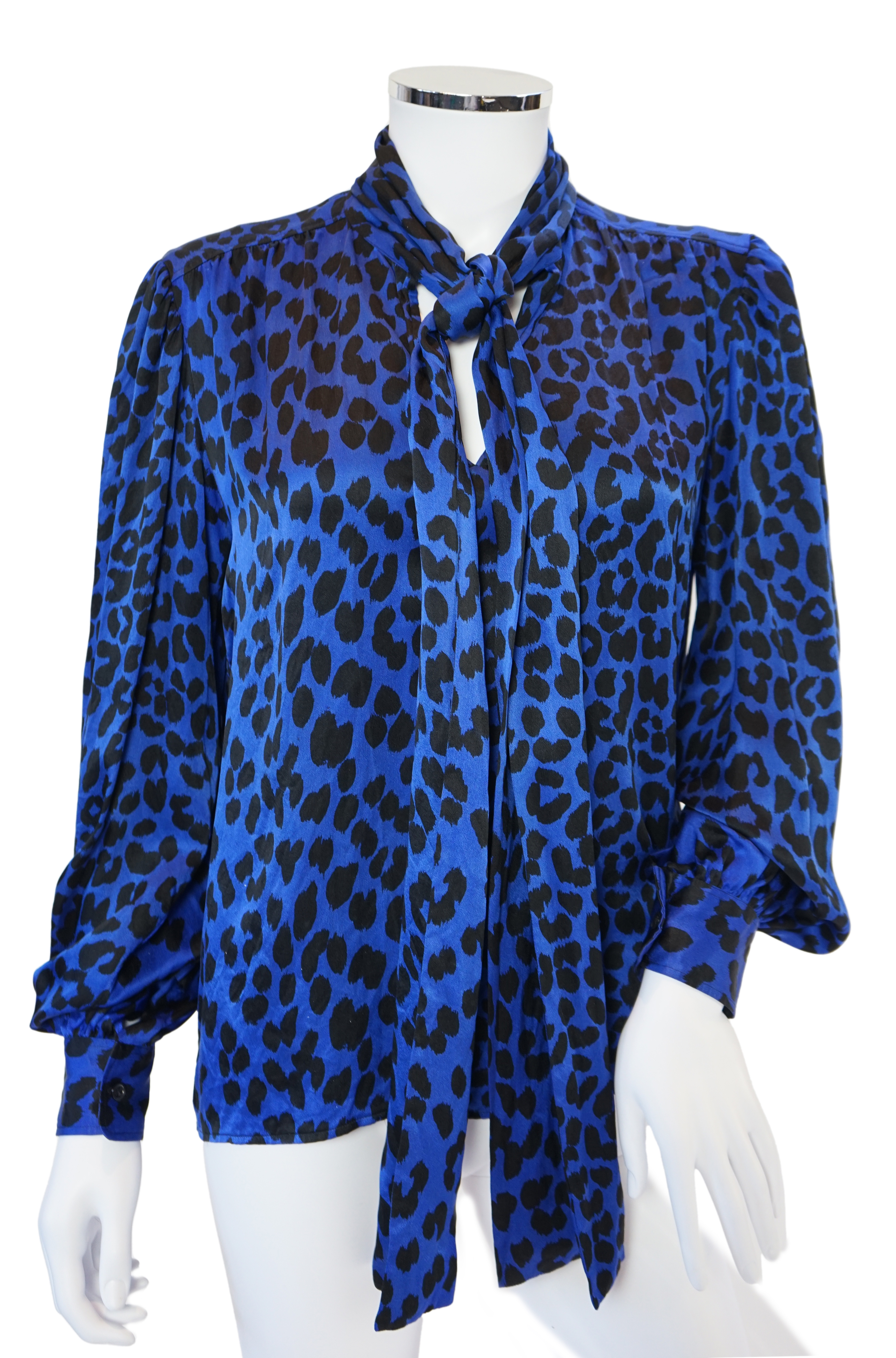 A vintage Saint Laurent royal blue and black leopard print silk blouse, IT40